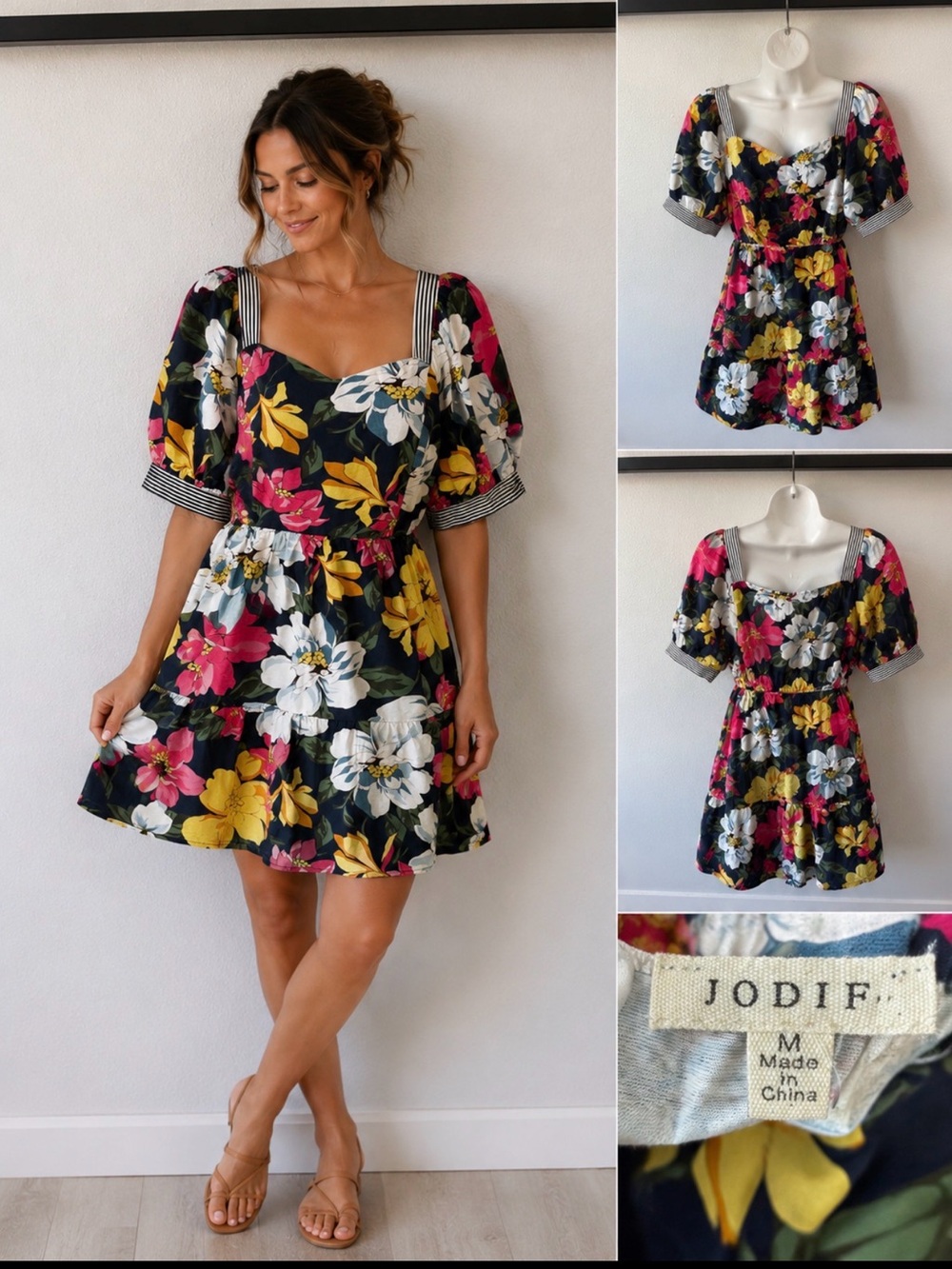 JODIFL Black Mini Dress with Pink, Yellow & White Floral Print